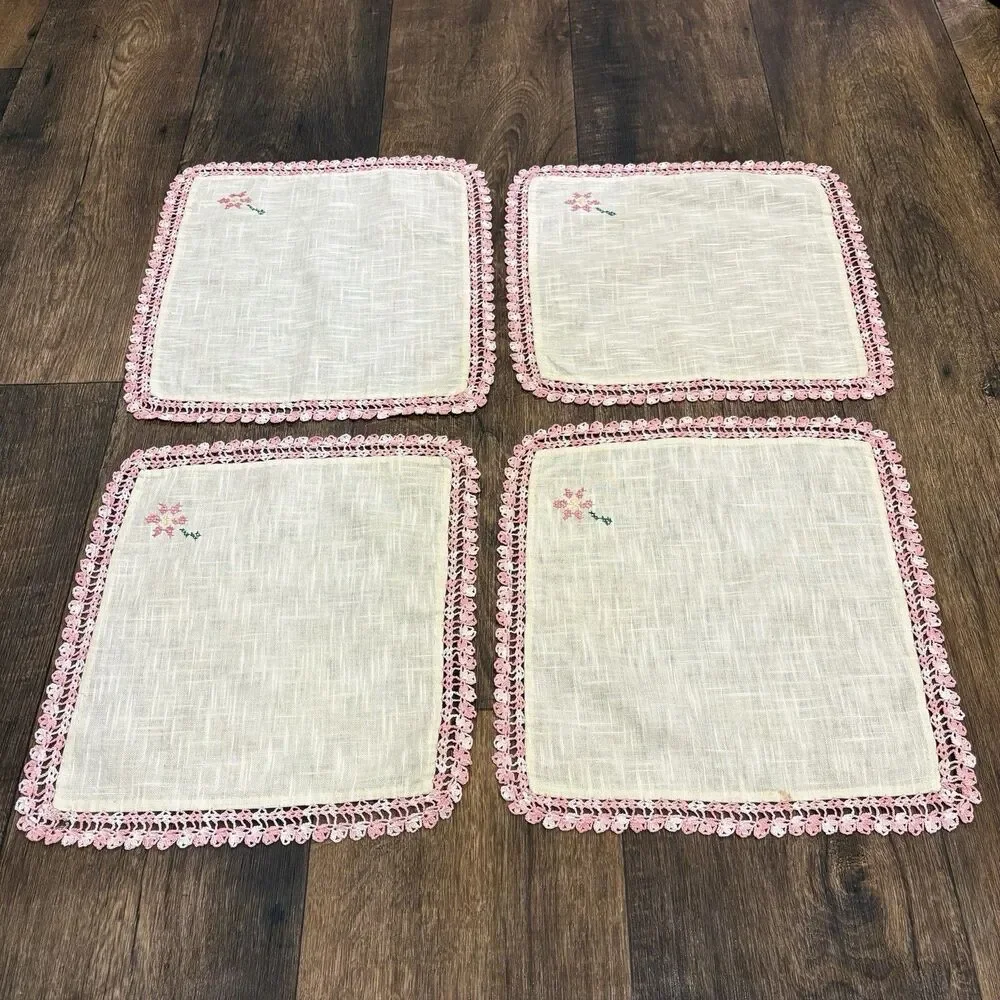 Set of 4 Vintage Handmade Linen Napkins Pink Crochet Trim Embroidered Floral